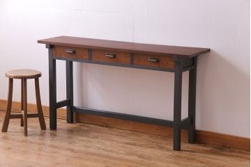 レトロ家具　昭和レトロ　ナラ材・ブナ材　味わいのある木味が魅力の薄型の平机(コンソールテーブル、サイドテーブル)(3)