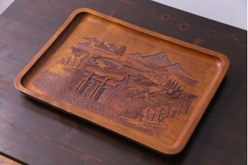 アンティーク雑貨　香山刀　宮島風景図　厳島神社　くりぬき盆(飾盆)
