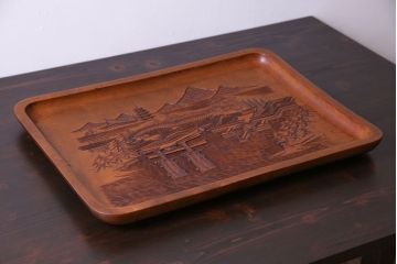 アンティーク雑貨　香山刀　宮島風景図　厳島神社　くりぬき盆(飾盆)