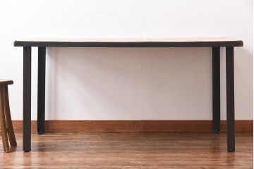 ラフジュ工房オリジナル　天板無塗装のダイニングテーブル(作業台、鉄脚テーブル、4人掛け)(R-028611)