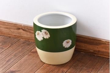 アンティーク雑貨　オールドノリタケ・則武(日陶) 緑地　白菊文様　小振りな壱型火鉢(手あぶり、鉢カバー)