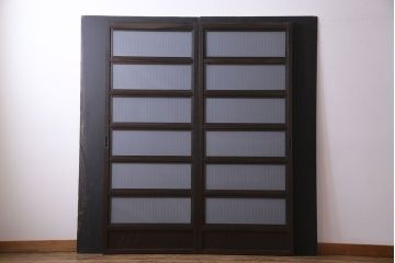 和製アンティーク　裏ガラス入り　和モダンな総ケヤキの格子戸(引き戸、建具)2枚セット