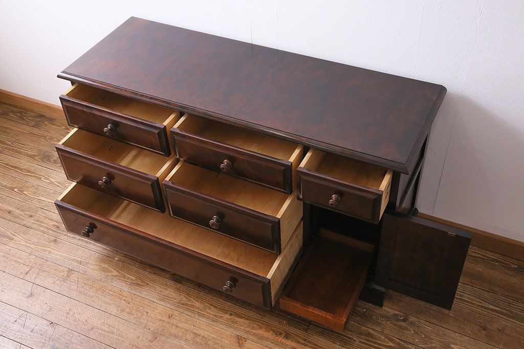 中古　北海道民芸　落ち着きのある色味が魅力のシンプルなサイドチェスト(リビングボード、ローチェスト)