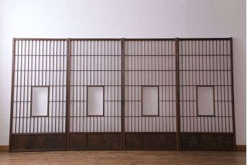 和製アンティーク　細い縦格子が美しいガラス入りの障子戸(仕切り戸、格子戸、引き戸、建具)4枚組(2)