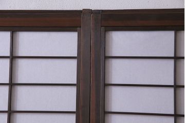 和製アンティーク　細い桟が美しい裏障子付き格子戸(建具、引き戸、ガラス帯戸)2枚組