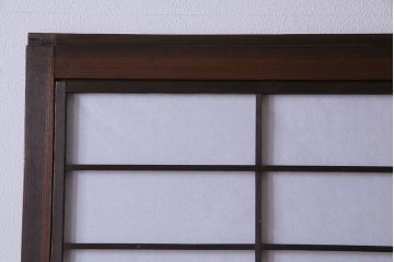 和製アンティーク　細い桟が美しい裏障子付き格子戸(建具、引き戸、ガラス帯戸)2枚組