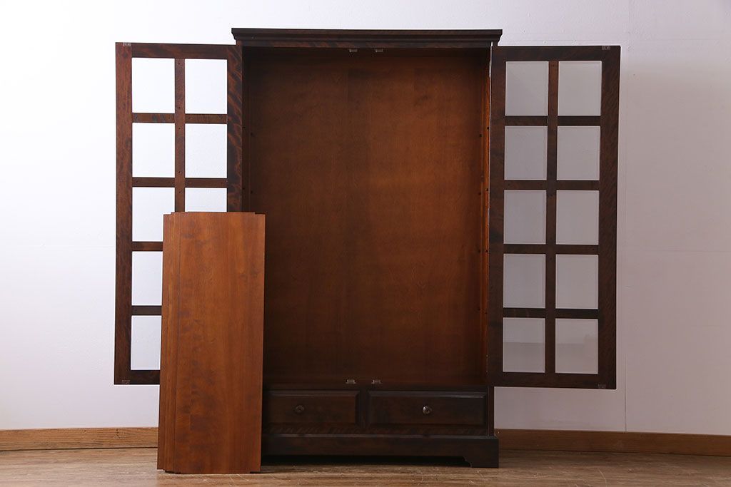 中古　美品　北海道民芸家具　収納力抜群のシックなブックケース(本箱、収納棚、戸棚)(定価41万円)