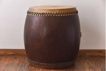 アンティーク雑貨　時代物　欅刳り貫き胴　明治大正期の和太鼓(1尺6寸)