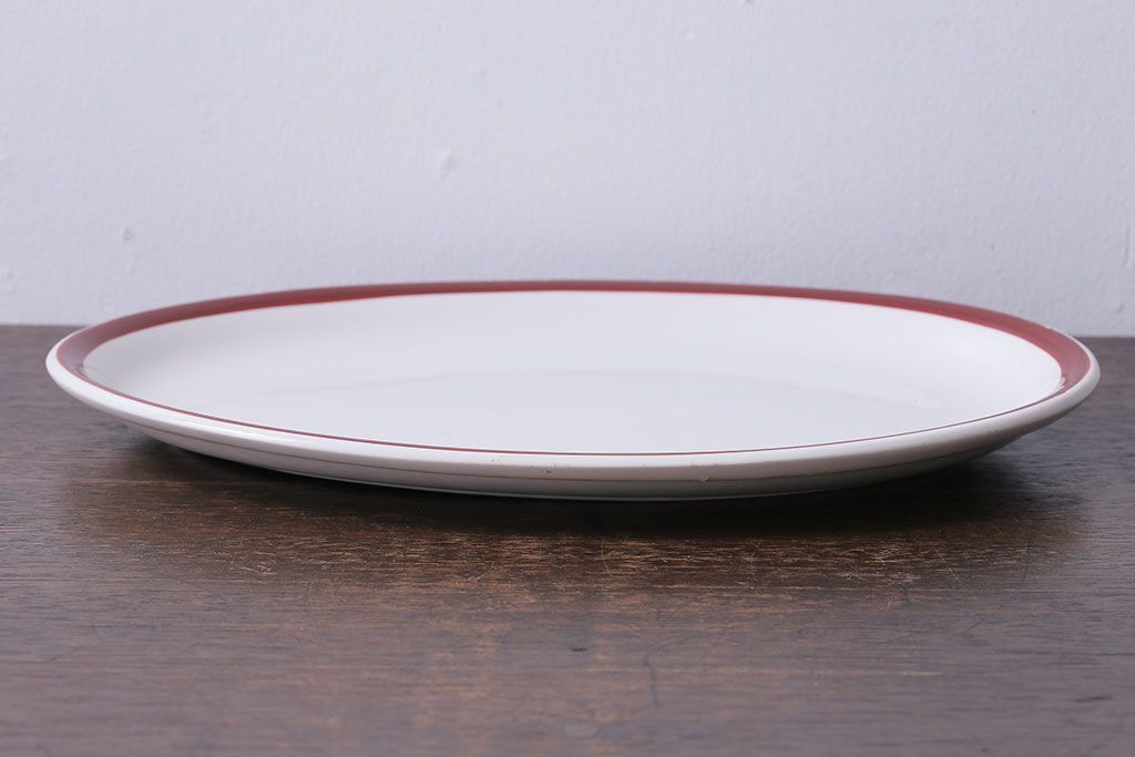アンティーク雑貨　イギリス製　IRONSTONE　ワインレッドの縁がアクセントのオーバルプレート(長皿)