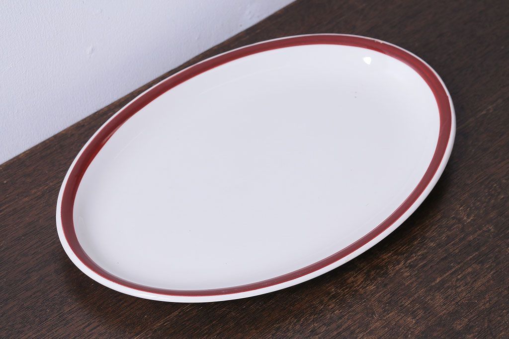 アンティーク雑貨　イギリス製　IRONSTONE　ワインレッドの縁がアクセントのオーバルプレート(長皿)