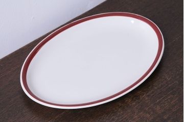 アンティーク雑貨　イギリス製　IRONSTONE　ワインレッドの縁がアクセントのオーバルプレート(長皿)