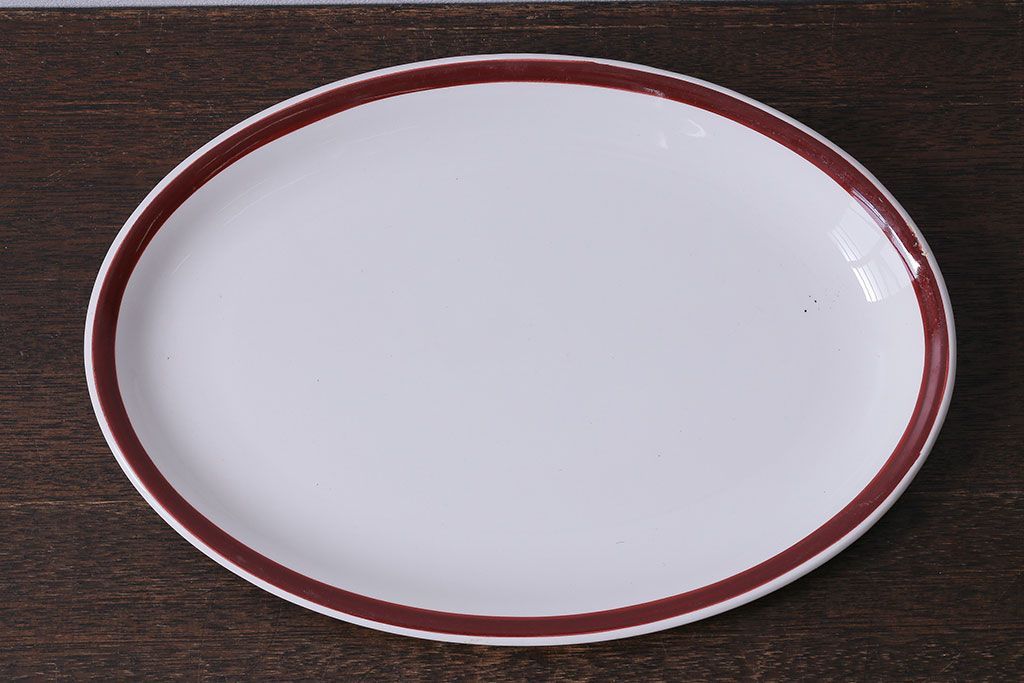 アンティーク雑貨　イギリス製　IRONSTONE　ワインレッドの縁がアクセントのオーバルプレート(長皿)