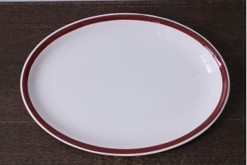 アンティーク雑貨　イギリス製　IRONSTONE　ワインレッドの縁がアクセントのオーバルプレート(長皿)