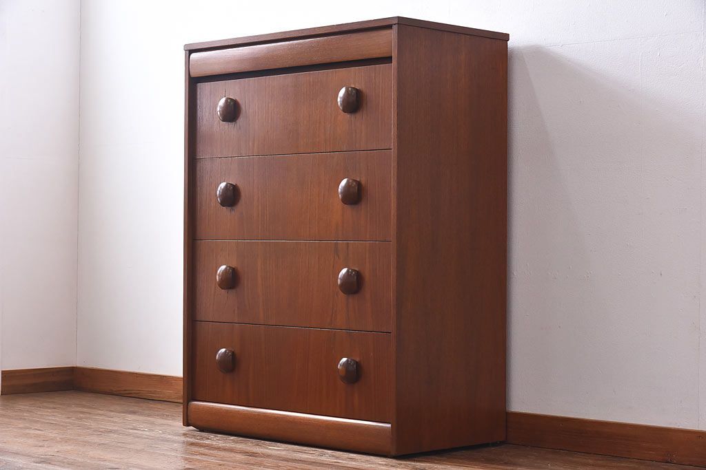 ヴィンテージ家具　北欧ビンテージ　チーク材　丸い取っ手がユニークなチェスト(サイドチェスト、引き出し、ドロワー)