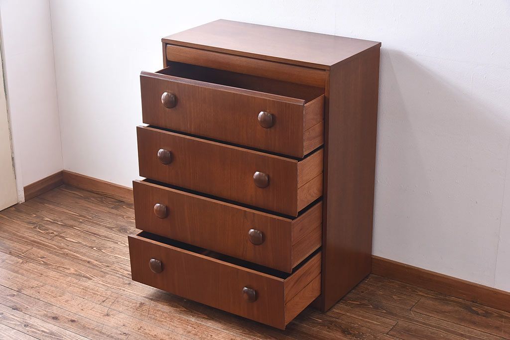 ヴィンテージ家具　北欧ビンテージ　チーク材　丸い取っ手がユニークなチェスト(サイドチェスト、引き出し、ドロワー)