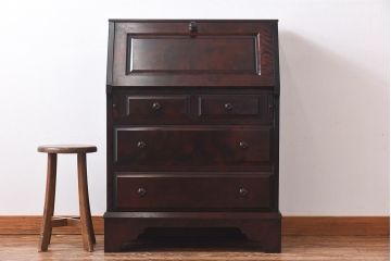 中古　北海道民芸家具　シンプルなデザインのライティングビューロー(簿記机、在宅ワーク、在宅用デスク)