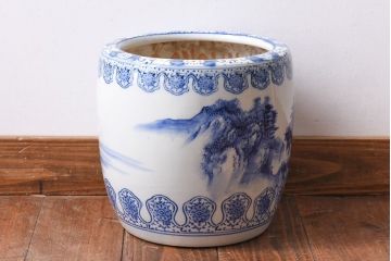 アンティーク雑貨　山水図　日本らしい雰囲気を高める瀬戸火鉢(鉢カバー)
