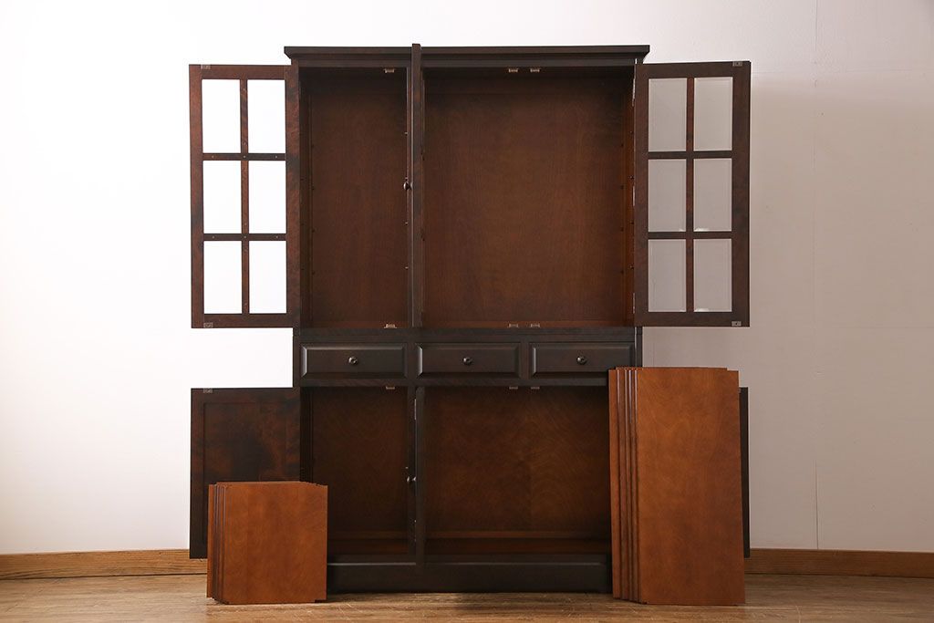 中古　美品　北海道民芸家具　HM165K　収納力抜群のシックな食器棚(カップボード、キャビネット)(定価約57万円)