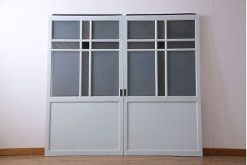 ペイント家具　色ガラス入り!十字の格子がおしゃれなガラス戸(引き戸、建具)(2枚組)