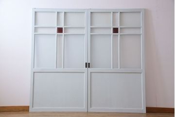 ペイント家具　色ガラス入り!十字の格子がおしゃれなガラス戸(引き戸、建具)(2枚組)