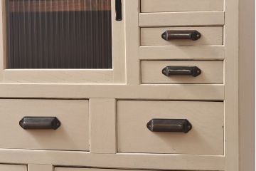 ペイント家具　モールガラス入り　鉄脚が付いたレトロな収納棚(キャビネット、食器棚)