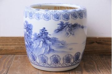 アンティーク雑貨　山水図　日本らしい雰囲気を高める瀬戸火鉢(鉢カバー)(1)