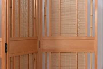 アンティーク雑貨　昭和期　竹を取り入れたモダンなデザインの四連折り畳み式パーテーション(衝立、仕切り)