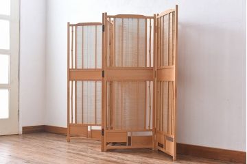 アンティーク雑貨　昭和期　竹を取り入れたモダンなデザインの四連折り畳み式パーテーション(衝立、仕切り)