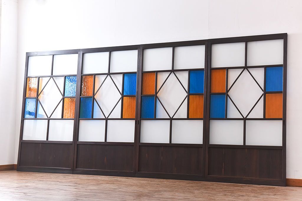 ■レトロ■古いデザインガラスのパーティション　建具 アンティーク建具 パーテーション 古建具リメイク モール