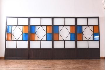 大正ロマン　色ガラス入り　レトロなデザインのガラス戸(引き戸、建具)4枚組
