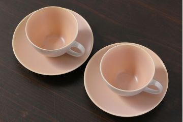 アンティーク雑貨　イギリスビンテージ　Poole Potter(プール・ポタリー)　Twintone(ツイントーン)　Peach Bloom×Seagull　カップ&ソーサー2客セット