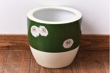 アンティーク雑貨　オールドノリタケ・則武(日陶) 緑地　白菊文様　バイカラーがおしゃれな壱型火鉢(手あぶり、鉢カバー、傘立て)