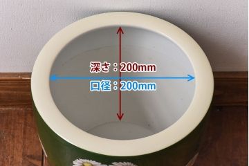 アンティーク雑貨　オールドノリタケ・則武(日陶) 緑地　白菊文様　バイカラーがおしゃれな壱型火鉢(手あぶり、鉢カバー、傘立て)