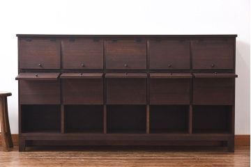 ラフジュ工房オリジナル　3×5マス　ラワン古材のパタパタ扉付き横型・収納棚(キャビネット、下駄箱、ロッカー)