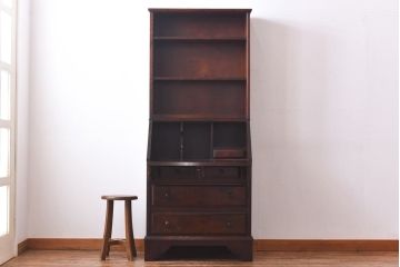 中古　北海道民芸家具　収納に便利な本棚のついたライティングビューロー(ビューローブックケース、簿記机)