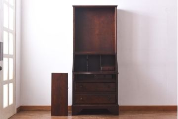中古　北海道民芸家具　収納に便利な本棚のついたライティングビューロー(ビューローブックケース、簿記机)