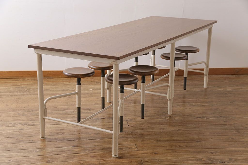 ラフジュ工房オリジナル 8脚格納スツール付きテーブル(ペイント作業台、机)