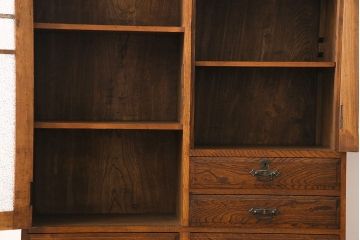 アンティーク家具　和製アンティーク　ナラ材　色ガラスとダイヤガラスがおしゃれな本箱(収納棚、キャビネット)