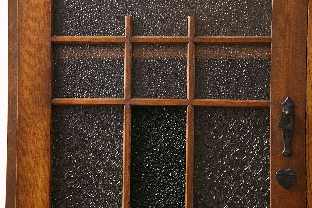 アンティーク家具　和製アンティーク　ナラ材　色ガラスとダイヤガラスがおしゃれな本箱(収納棚、キャビネット)