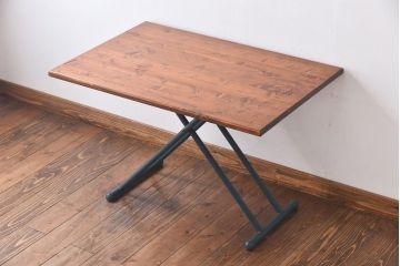 ラフジュ工房オリジナル　ヒノキ材　ネイビーの脚が格好いいリフティングテーブル(サイドテーブル、センターテーブル、作業台)(1)