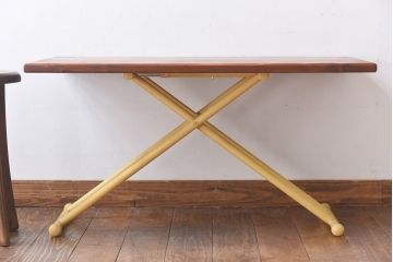 ラフジュ工房オリジナル　ヒノキ材　イエローペイントのリフティングテーブル(サイドテーブル、センターテーブル、作業台、折りたたみ)(1)(R-029175)