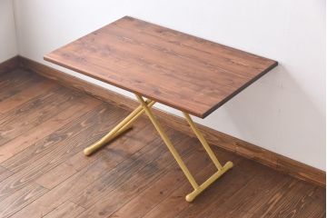 ラフジュ工房オリジナル　ヒノキ材　イエローペイントのリフティングテーブル(サイドテーブル、センターテーブル、作業台、折りたたみ)(2)(R-029176)