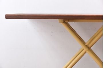 ラフジュ工房オリジナル　ヒノキ材　イエローペイントのリフティングテーブル(サイドテーブル、センターテーブル、作業台、折りたたみ)(2)(R-029176)