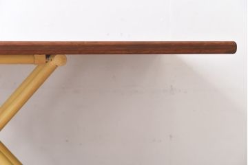ラフジュ工房オリジナル　ヒノキ材　イエローペイントのリフティングテーブル(サイドテーブル、センターテーブル、作業台、折りたたみ)(2)(R-029176)
