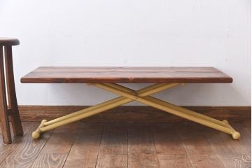 ラフジュ工房オリジナル ヒノキ材 イエローペイントのリフティングテーブル(サイドテーブル、センターテーブル、作業台)(3)