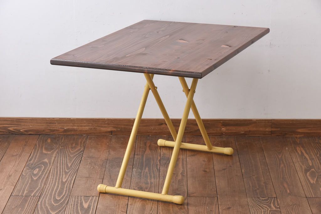 ラフジュ工房オリジナル ヒノキ材 イエローペイントのリフティングテーブル(サイドテーブル、センターテーブル、作業台)(3)