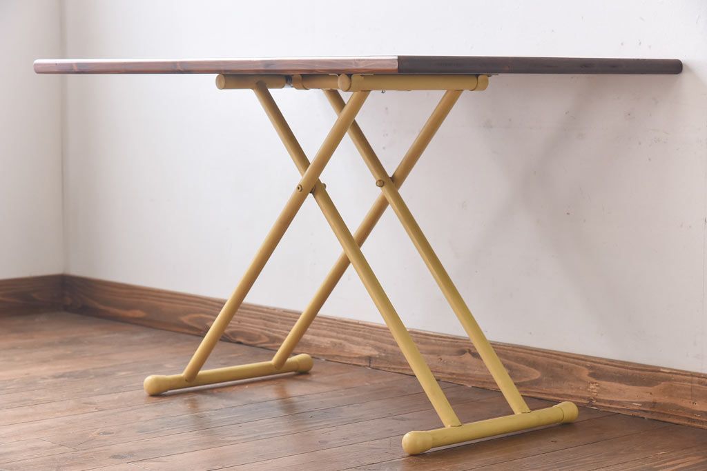 ラフジュ工房オリジナル ヒノキ材 イエローペイントのリフティングテーブル(サイドテーブル、センターテーブル、作業台)(3)