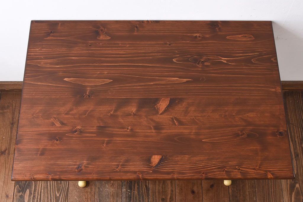 ラフジュ工房オリジナル ヒノキ材 イエローペイントのリフティングテーブル(サイドテーブル、センターテーブル、作業台)(3)