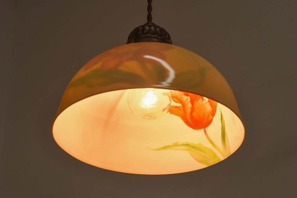 オールドノリタケ・則武(日陶)　チューリップ　照らすと透ける模様が魅力の電笠(天井照明、シェード)