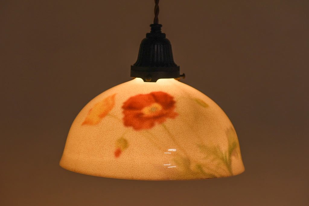 オールドノリタケ・則武(日陶)　ポピー(芥子)　照らすと透ける模様が魅力の電笠(天  井照明、シェード)